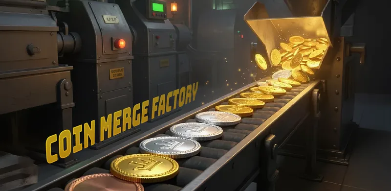Coin Merge Factory: gold and silver coins riding a factory conveyor belt