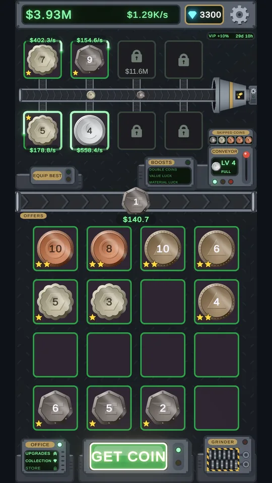 The factory floor: coins earning money in the work slots, a coin on the conveyor belt, and merged coins in the inventory below.