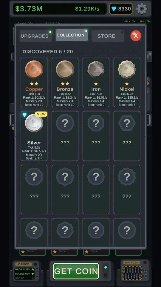 The Collection tab: five of twenty coins discovered so far, with the rest hidden behind question marks.