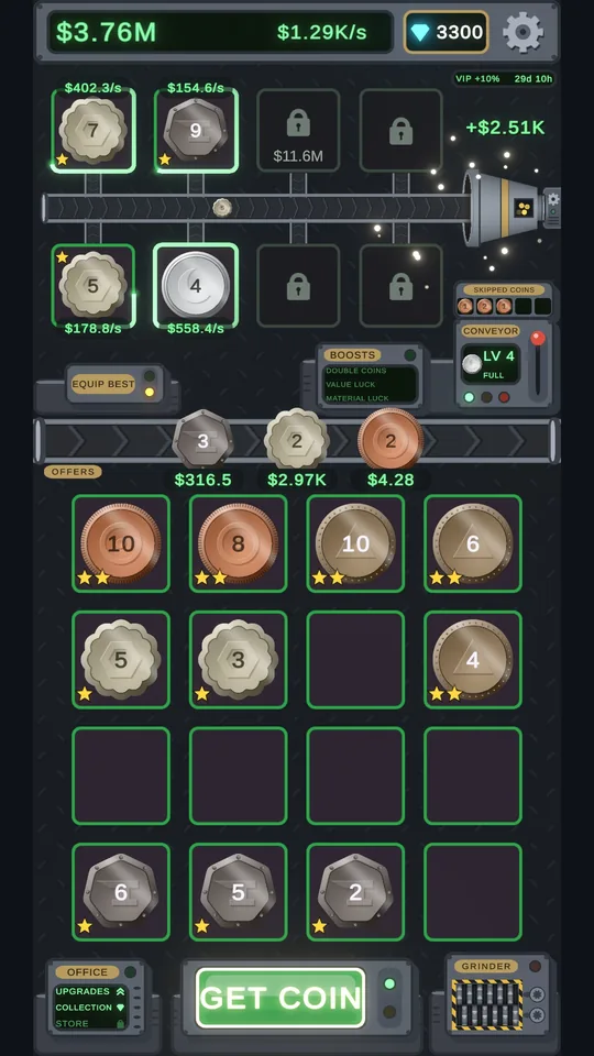 Three coins waiting on the conveyor belt at once, made possible by the Double Coins boost and Coin Recall.