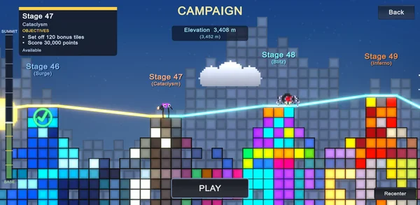 The Campaign map: the climber stands on Stage 47 of a mountain built from colored tiles, with the spider boss waiting on the Stage 48 peak and a completed stage behind.