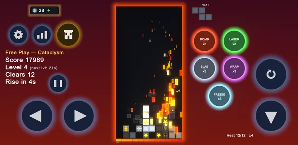 Cataclysm at maximum Heat (12/12, x4): a pyre of flame rises up the right side of the board, with Bonus Tiles scattered through the stack.